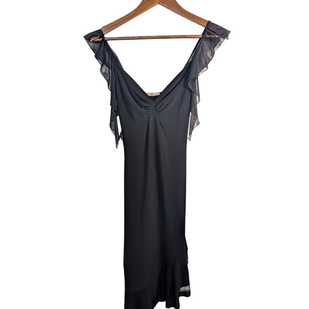 VINTAGE Y2K Forever 21 Mesh Flutter Sleeves Asymmetrical Little Black Dress